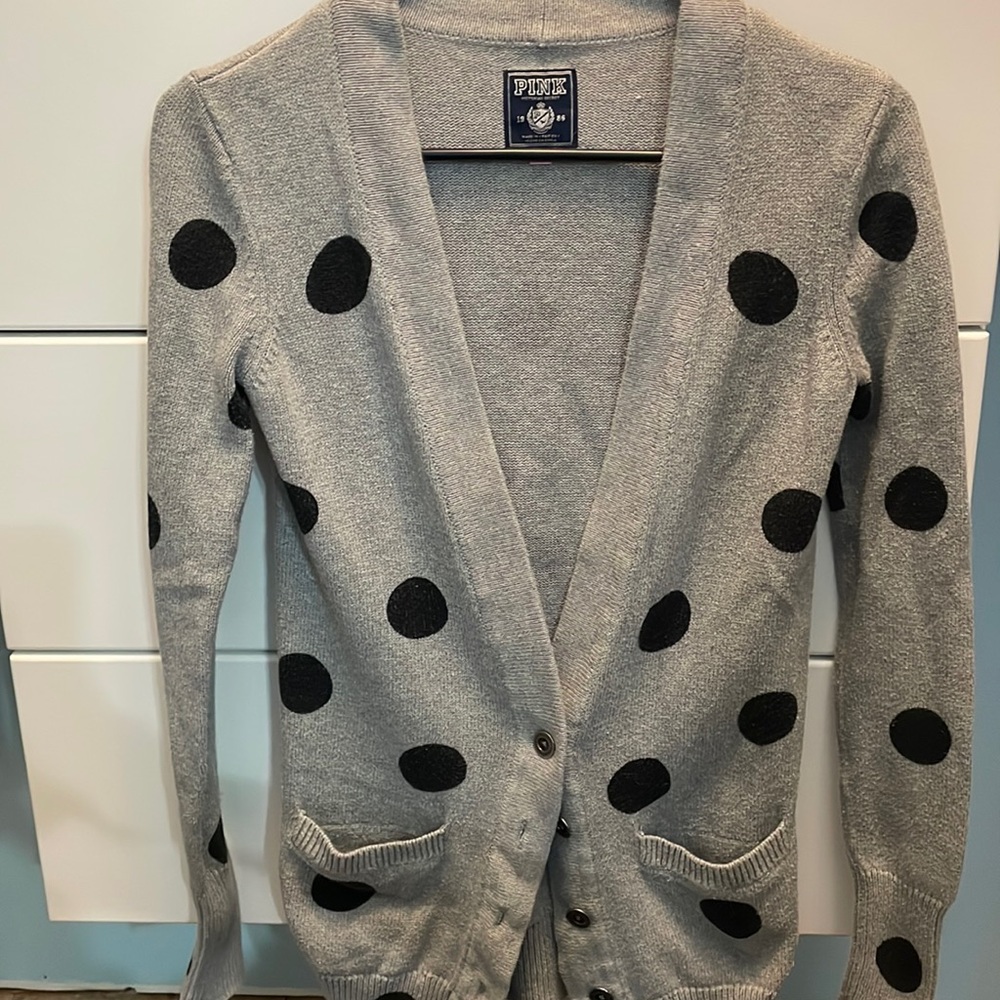 Victoria Secret PINK grey polka dot cardigan. With pockets! Size small.